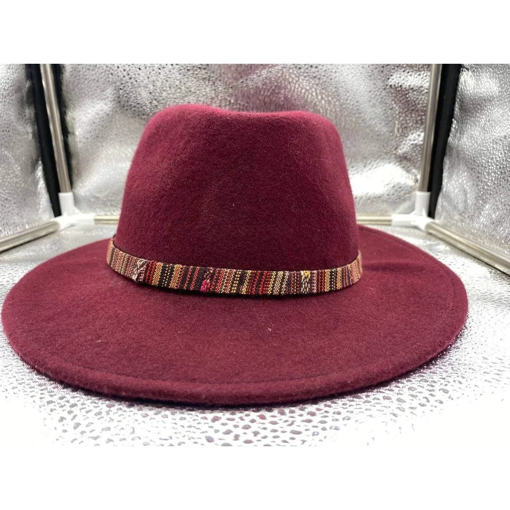 Unbranded‎ Fedora Women OS Burgundy Wool Felt Wide Brim Tribal Band Boho Western